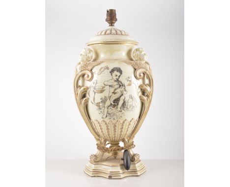 A pair of Wedgwood Creamware urn shape lamp bases, ovoid form, with three serephine head scrolled handles, printed with cheru