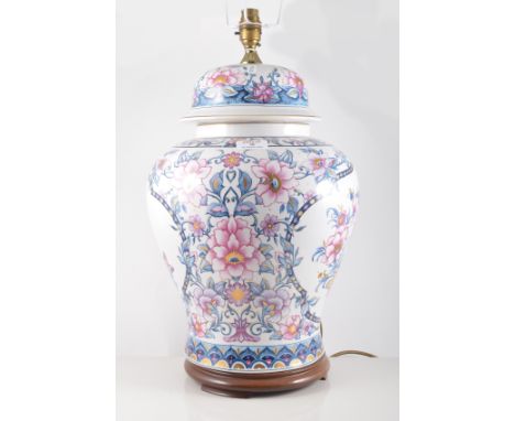 Pair of pottery baluster shape vases, Chinese style, serving as lamp basis, floral decoration, 46cm.