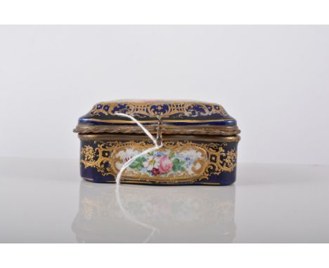 A Sevres style blue Royale serpentine bonbonnerie, probably late 19th Century, the lid reserved, painted with figures in a ga
