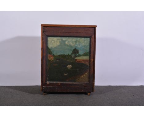 Pine cupboard, rectangular top, the panelled door painted with a rural landscape enclosing a shelf, width 65cm, depth 53cm, h