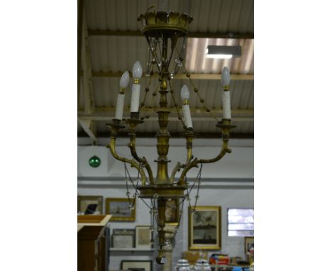 Centre light fitting, four scrolled branches, leaf capped, total drop approximately 98cm.