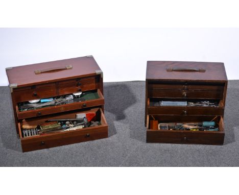 Oak and stained wood Engineer's tool box, and contents of tools, width 40cm, depth 20cm, height 29cm and another Engineer's t