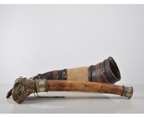 Eastern brass mounted teak wood arc shape box, width 22cm, another similar, a pair of African ebony tribal busts, Indian bron