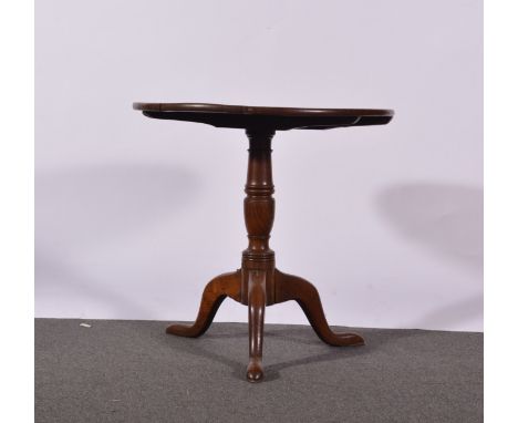 Victorian oak tripod table, circular tilt-top, turned column, splayed legs, diameter 73cm, height 69cm.