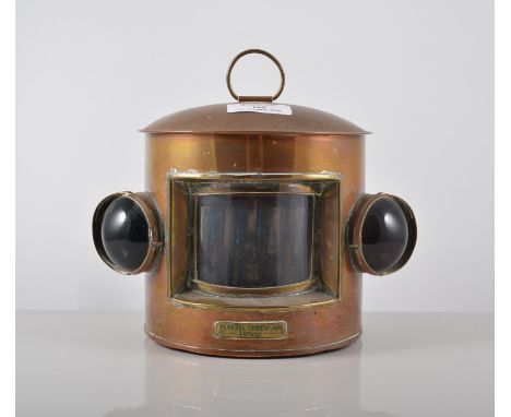 Copper masthead lamp, 12cm, two glass cod bottles, an old beer bottle and pewter mug, (5).
