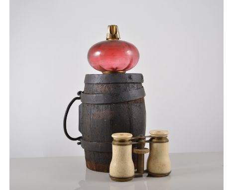 An 18th Century mahogany St Bernards harvest barrel, two ruby glass peg lamps, opaque shades and chimneys, blue glass peg lam