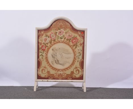 Firescreen, painted and moulded frame, inset needlework panel, width 58cm, height 84cm.