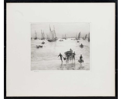WILLIAM LIONEL WYLLIE RA RE (BRITISH 1851 - 1931), LANDING OYSTERS, CANCALE  etching on paper, signed, titled label versomoun