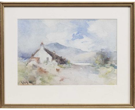 ROBERT RUSSELL MACNEE (SCOTTISH 1880 - 1952), COTTAGE WITH CHICKEN watercolour on paper, initialledmounted, framed and under 