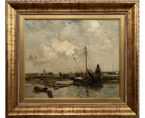 JAMES CAMPBELL NOBLE RSA (SCOTTISH 1846 - 1913), HARBOUR SCENE  oil on canvas, signed framed and under glass  image size 51cm