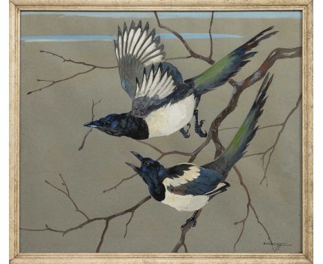* RALSTON GUDGEON RSW (SCOTTISH 1910 - 1984), TWO MAGPIES watercolour on paper, signedframed and under glassimage size 51cm x