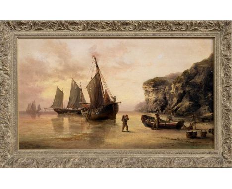 HENRY MOORE RA RBA RWS (BRITISH 1831 - 1895), UNLOADING THE CATCH  oil on canvas, signed and dated 1872 framed  image size 34
