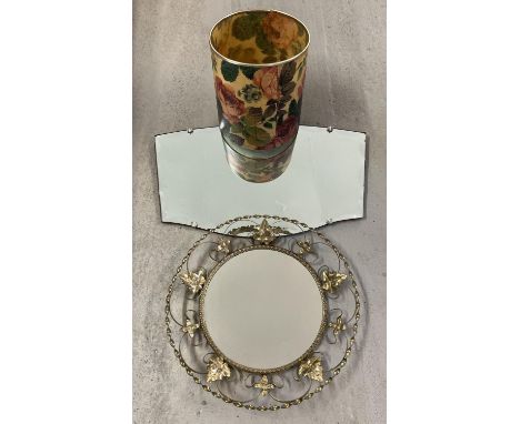 3 mid century items, 2 wall hanging mirrors and a floral design waste bin. Circular mirror approx. 35cm diameter. 