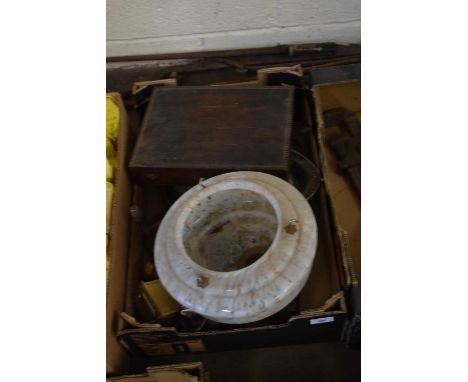 BOX VARIOUS MIXED ITEMS TO INCLUDE GLASS LIGHT SHADE, WOODWORKING PLANE, WOODEN PULLEYS ETC