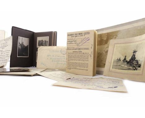 COLLECTION OF WWI AND WWII PHOTOGRAPHS AND EPHEMERA including a Christmas 1914 tin containing cigarettes and tobacco, and the