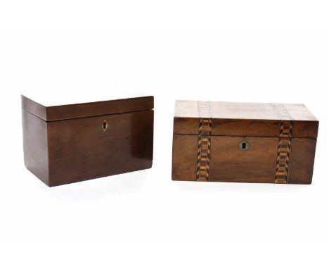 REGENCY MAHOGANY INLAID TEA CADDYthe hinged lid with shell paterae, opening to reveal two interior compartments, 18.5cm wide;
