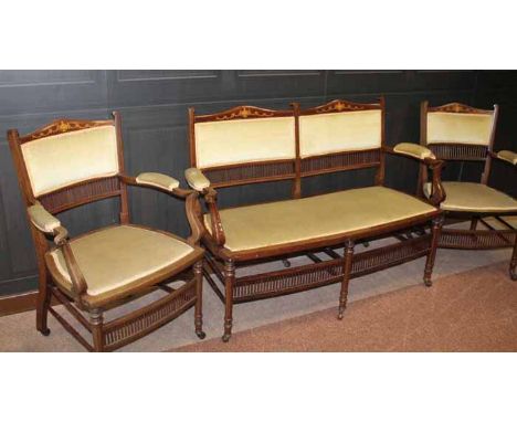 EDWARDIAN MAHOGANY FRAMED SHERATON REVIVAL PARLOUR SUITE comprising two seat sofa with slender rail galleried back, upholster