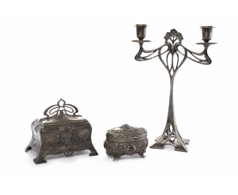 JUGENDSTIL WMF PEWTER TWIN CANDLESTICK(Wurttemburgishe Metallwarden Fabrik) circa 1910, stamped marks, with pierced scrolling