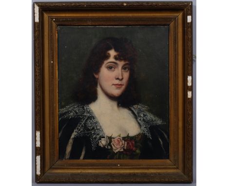 Portrait of a young woman, 19th century Continental oil on canvas, indistinctly signed, 53cm x 44cm, framedSmall hole in the 