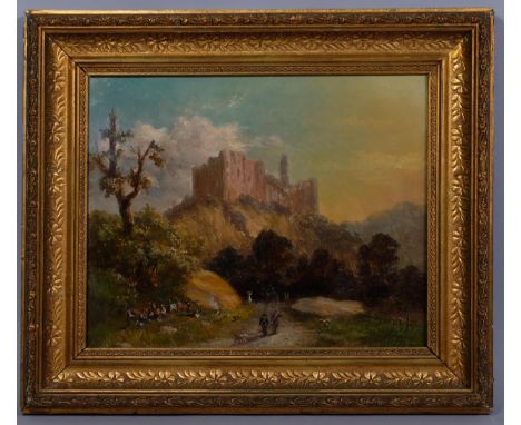 Travellers near a castle, 19th century oil on canvas, unsigned, 30cm x 36cm, framed2 small patch repairs not visible from the