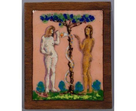 George Petty, Adam and Eve, enamel painting on copper, signed, 21cm x 16cm, unframedGood condition 