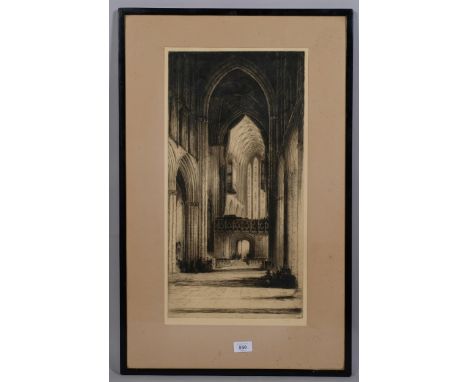 Fred Farrell, Glasgow Cathedral interior, etching, signed in pencil, plate 54cm x 27cm, framedImage in good condition, mount 