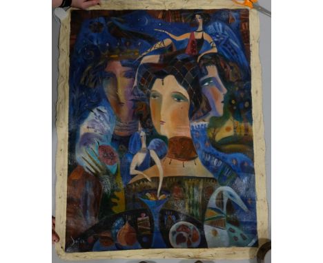Contemporary Russian School, modernist portrait, oil on unstretched canvas, inscribed verso, image 76cm x 60cm, unframed 