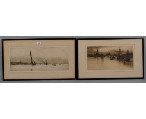 William Lionel Wyllie (1851 - 1931), shipping on the river, etching, signed in pencil, published 1910, plate 19cm x 50cm, and