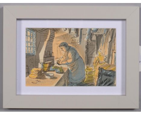 Edward Bawden (1903 - 1989), Peeling Potatoes/The Child Welfare Clinic, colour lithograph, published by Curwen Press 1949, im