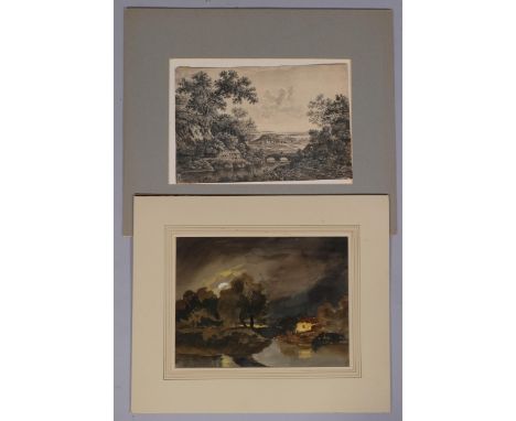 18th century ink and watercolour drawing, extensive landscape, unsigned, 22cm x 33cm, together with 19th century watercolour,