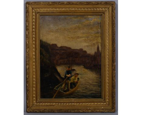 19th century fishing harbour scene, oil on canvas, 35cm x 25cm, framed1 patch repair not visible from the front and slightly 