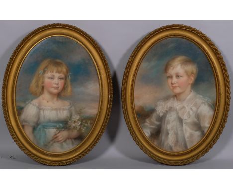 L Hope, pair of portraits of a boy and girl, coloured pastels, signed and dated 1901, 62cm x 46cm, framedPortrait of a boy is