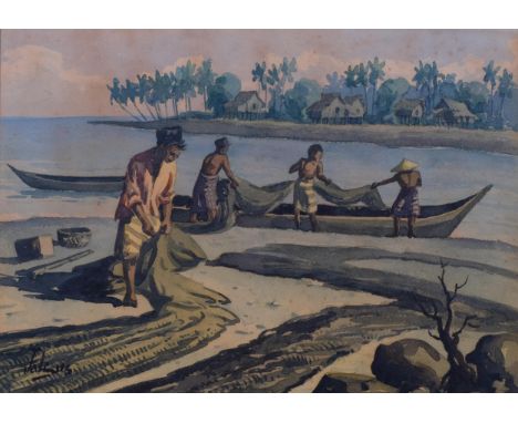 Burmese School, study of fishermen, watercolour, indistinctly signed, 27cm x 37cm, framedPaper discolouration and light foxin