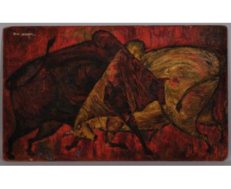 Ram Yadekar (Indian movie/art director), abstract bulls, oil on board, signed and dated 1963, 46cm x 76cm, unframedBoard slig