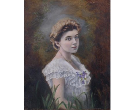A Rickless, late 19th century portrait of a woman, oil on opaque glass panel, signed, 25cm x 20cm, framedGood condition 