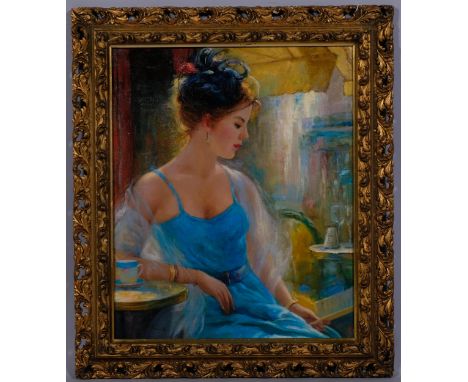 Portrait of a woman, contemporary oil on board, indistinctly signed, 44cm x 36cm, framedGood condition 