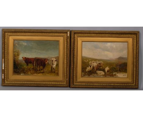 W Renthall Hill, cattle and sheep in landscapes, pair of 19th century oils on canvas, signed with monogram, dated 1886 and in