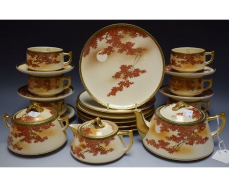 A late 19th century Satsuma tea service, comprising teapot,  six cups, saucers and side plates, milk jug and sucrier, signed,