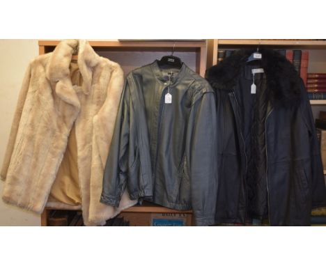 Textiles - a faux fur jacket by Richesse; a black leather Wallis jacket; another grey leather (3)