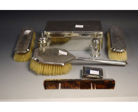 Silver - a rectangular desk top cigarette box, Birmingham 1902; an Art Deco silver backed four piece dressing table set; etc.