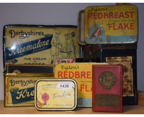 Advertising - a Derbyshire's Kreemalone shop display tin. others Ogden's Redbreast;  Tom Long Tobacco, Potter's Catarrh pasti