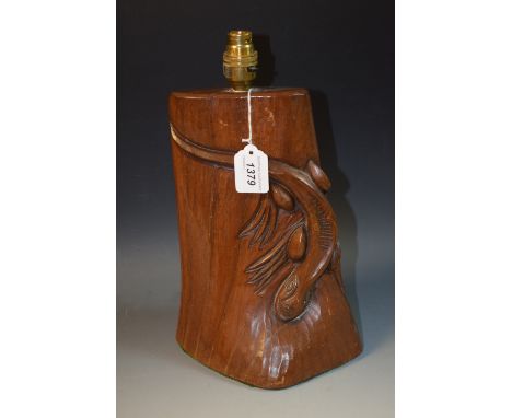 Aeronautica - an early 20th century propeller blade section, fashioned as a table lamp, boldly carved with a lizard, 29cm hig