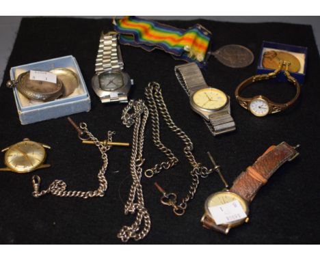 A Precimax gentleman's gold plated wristwatch; an open faced pocket watch; a silver graduated Albert; etc