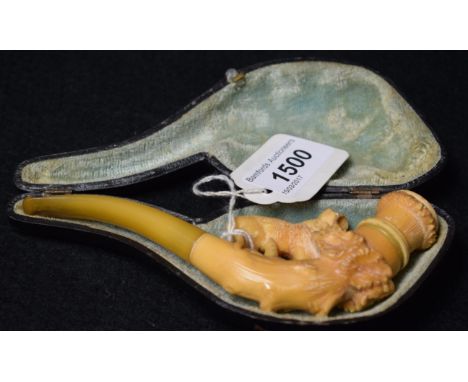 A 19th century Meerschaum pipe, carved with a ram on a rocky outcrop, 15cm long, cased, c.1880