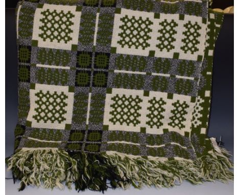 A vintage Welsh wool blanket, green, black and cream geometric design, Hannah Jones of Penmachno, 96" x 64"