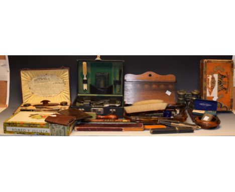 Boxes and Objects - A gentleman's travelling toiletry set; a Ross Tri-Side Strop; others similar; cut throat razors, oak pipe