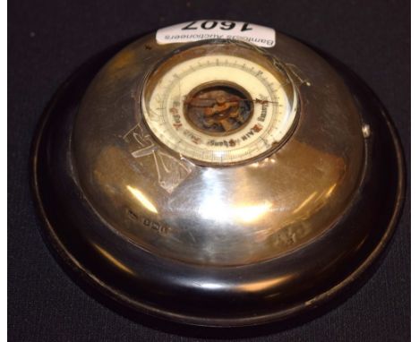 A George V silver-mounted desk barometer, 4.5cm enamel register, Birmingham 1910, later base 