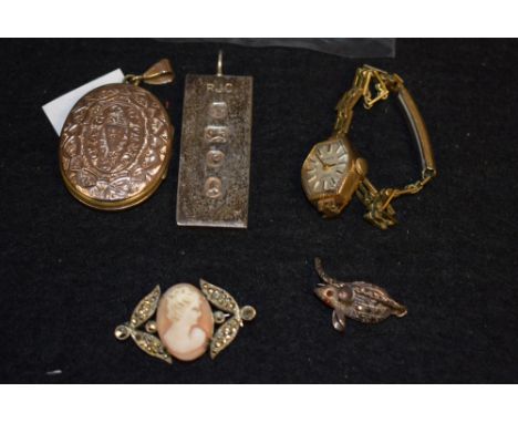 A 9ct gold cased lady's wristwatch; a Silver Jubilee silver ingot;a silver and marcasite mouse brooch, red stone set eyes etc