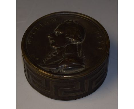 A 19th century brass circular snuff box, push-cover with embossed with a named profile portrait of William Pitt the Younger, 