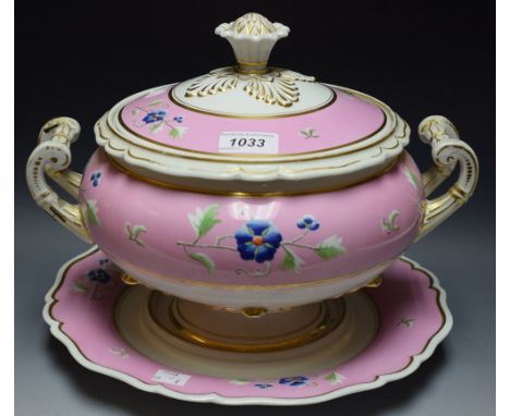 A Flight Barr and Barr Worcester tureen, cover and stand,  painted with flowers on a pink ground, bold flower finial, scroll 